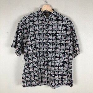 Vintage JT Beckett‎ Abstract Shirt Men M Black Geo Print 100% Cotton 90s Camp